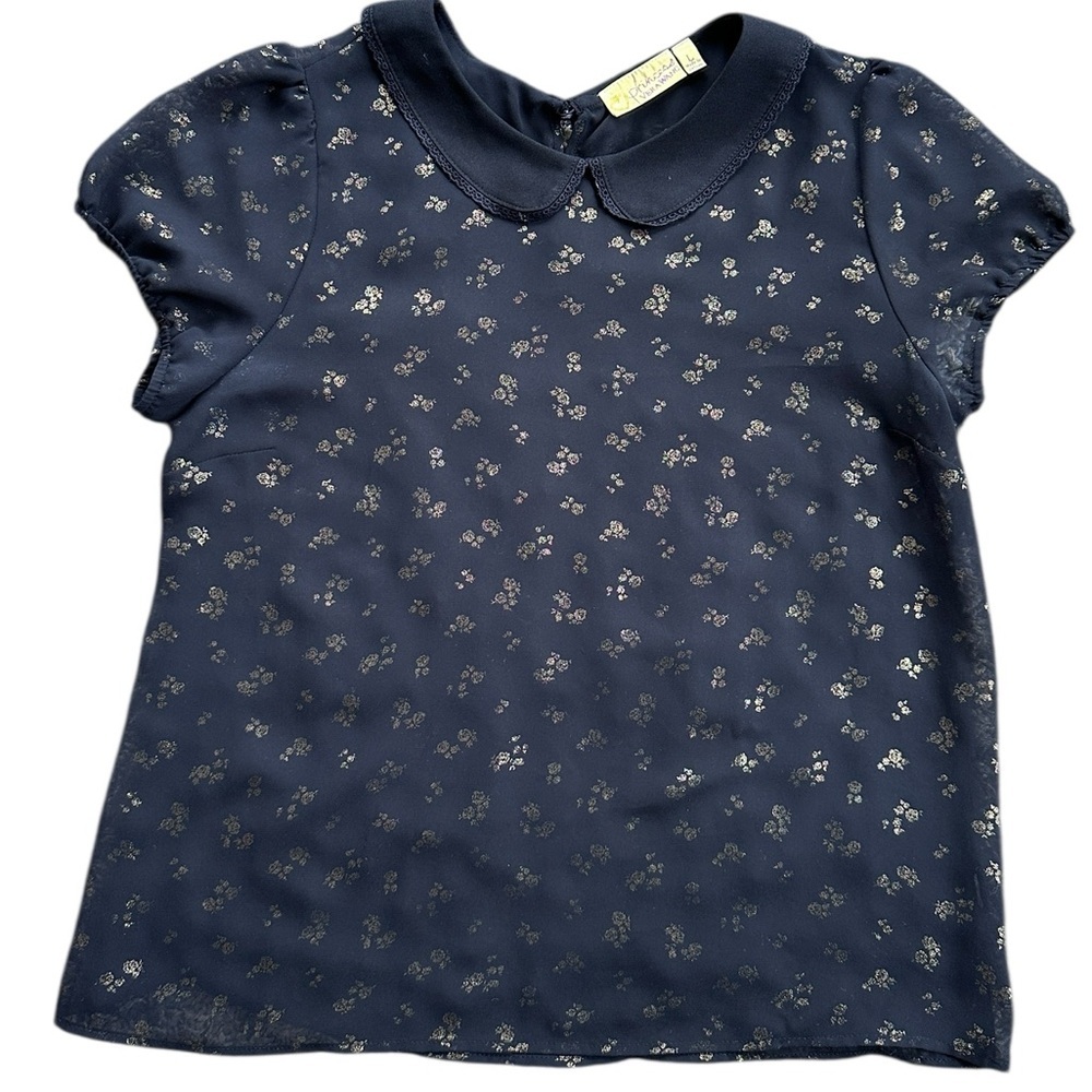 Princess Vera Wang Blouse Women L Navy Gold Floral Peter Pan Collar Excellent
